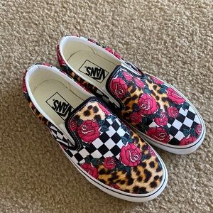 Woman’s checkered, floral, and cheetah print vans